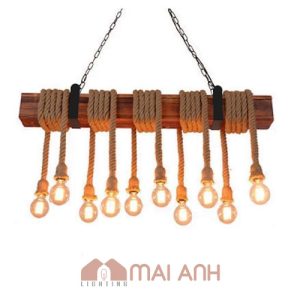 Đèn chùm hộp gỗ dây thừng treo thả trần decor với mười bóng đèn Edison