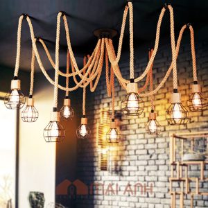 Đèn chùm mạng nhện dây thừng thả trần 6 rọ sắt decor cá tính