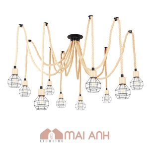 Đèn chùm mạng nhện dây thừng thả trần 6 rọ sắt decor cá tính