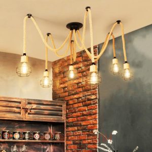 Đèn chùm mạng nhện dây thừng thả trần 6 rọ sắt decor cá tính