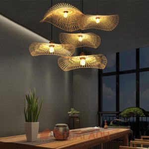 Đèn kiểu mây tre lá sen thả trần decor tiệm Bún Đậu Làng Vòng