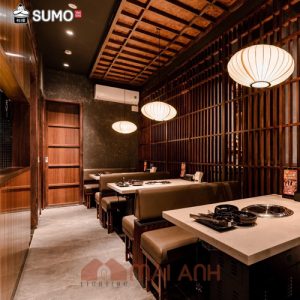 Đèn vải hình cầu dẹp trang trí nhà hàng Nhật Sumo Yakiniku