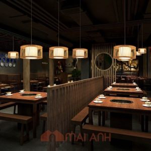 Đèn mây tre hình trụ tròn bọc vải trang trí nhà hàng buffet nướng sang trọng